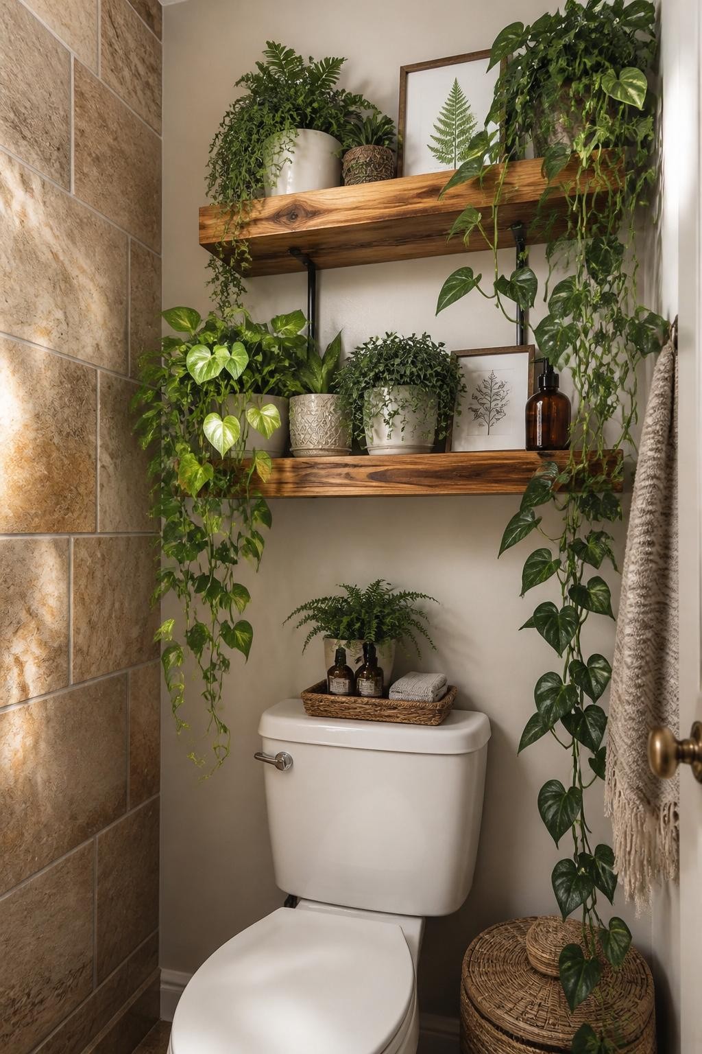 A lush and inviting bathroom nook where two rustic wood floating shelves overflow with an abundance of cascading green plants in white ceram.