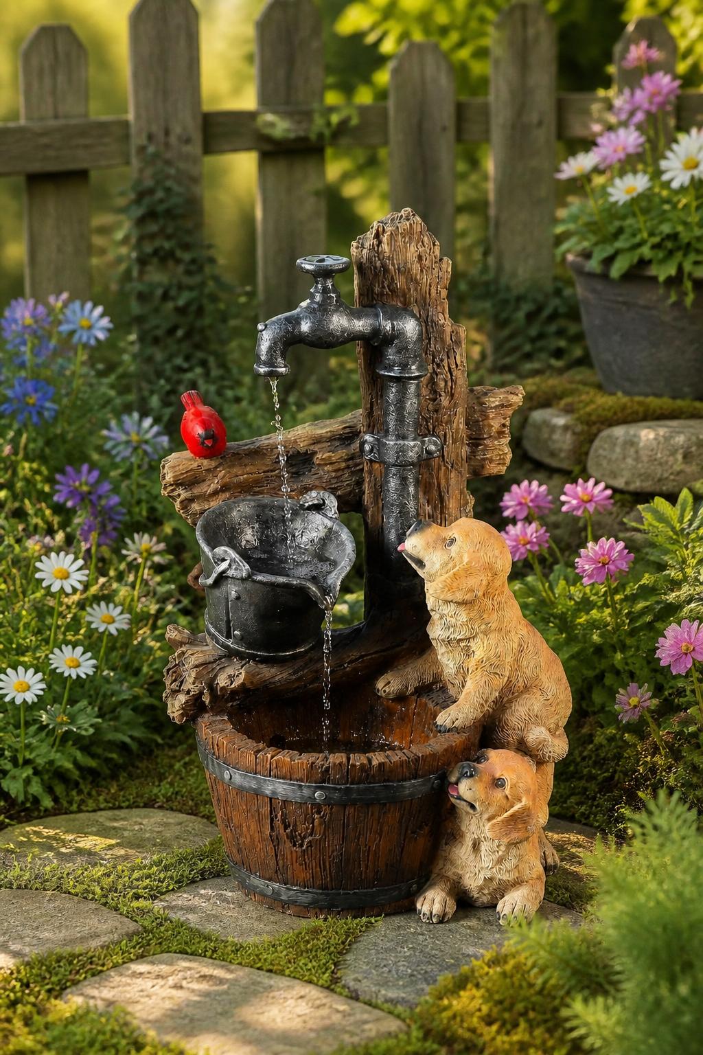 Use the uploaded LuxenHome Water Fountain Outdoor exactly as the reference product, preserving the rustic wood and metal faucet structure wi.