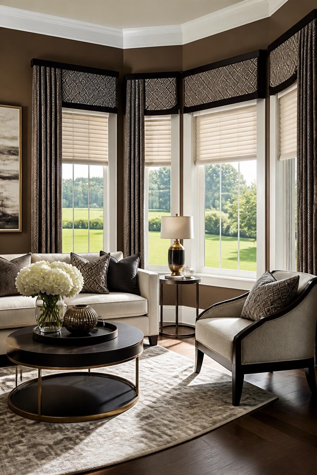 A luxurious formal sitting area showcases a series of floor-to-ceiling windows with coordinated box valances and dark, textured drapery, all.