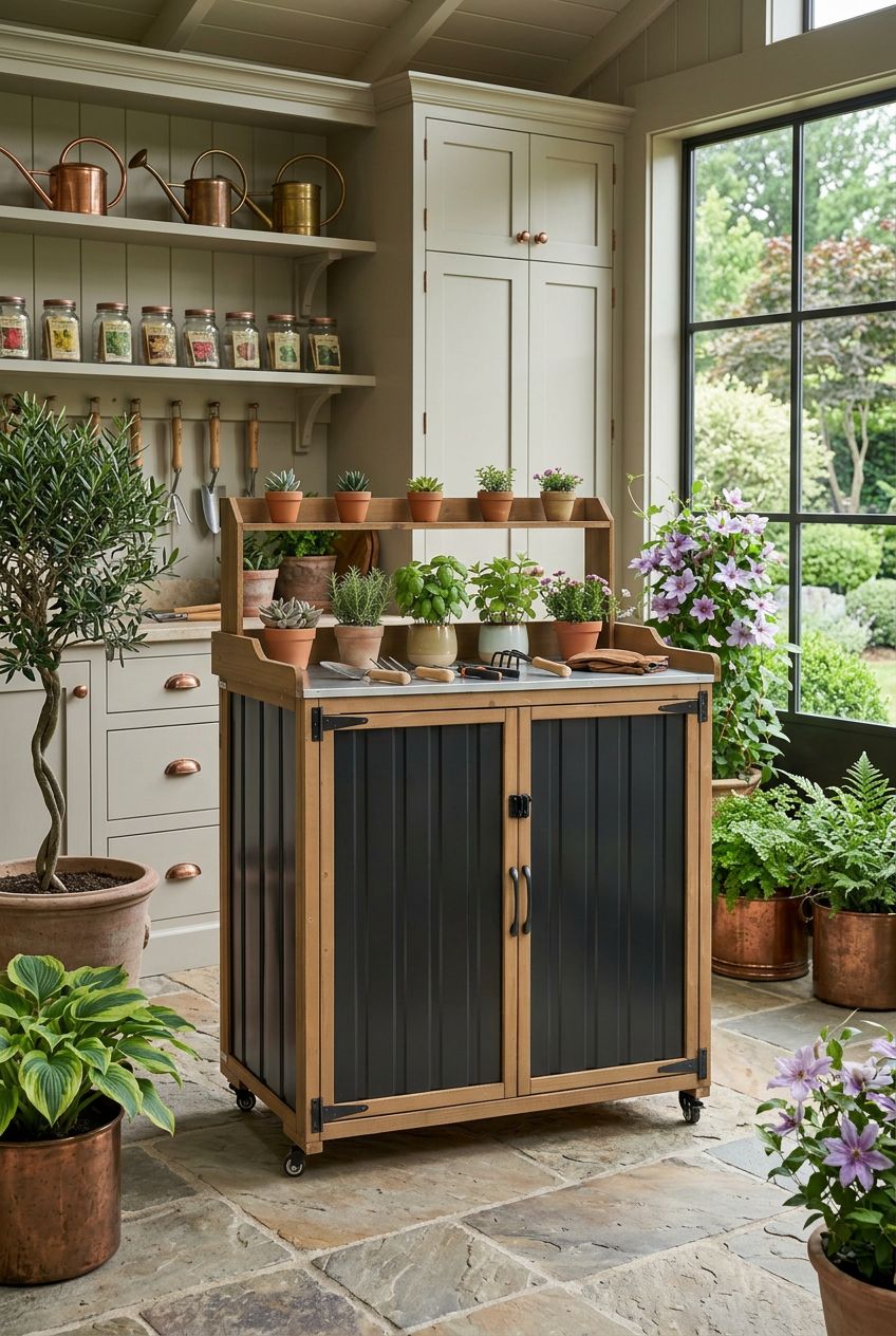 Use the uploaded Potting Bench Table exactly as the reference product, preserving its elegant two-tone wood and black cabinetry, metal table.