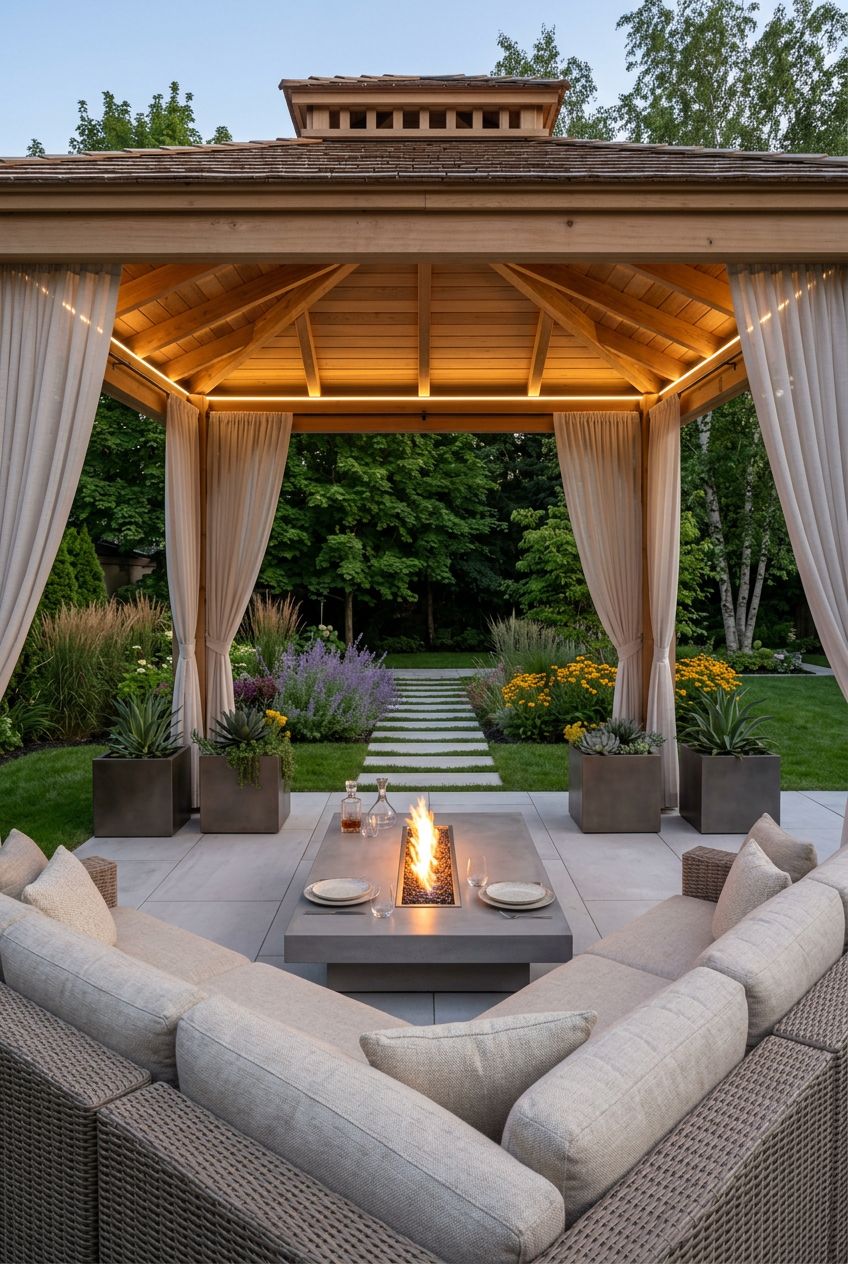 Depict a luxury gazebo garden lounge with a contemporary twist, boasting a spacious wood pavilion with sheer curtains softly drawn on each c.