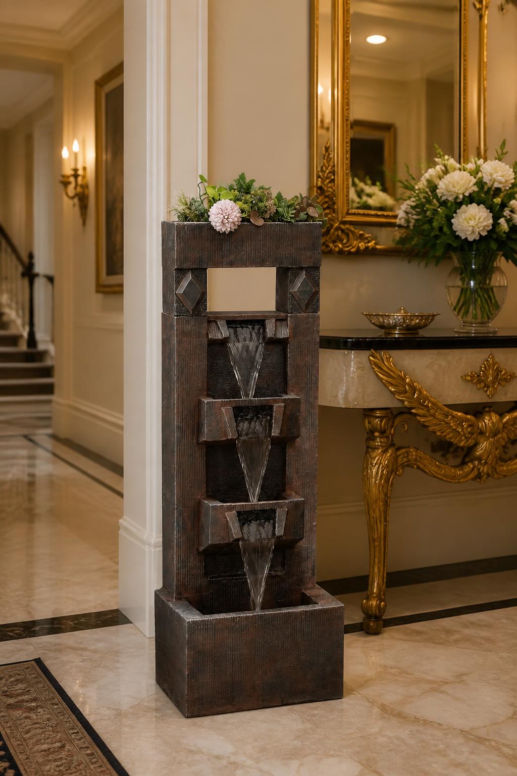 Use the uploaded Bumilgar 4-Tier Water Fountain exactly as the reference product, keeping the stacked, rectangular design, rustic brown fini.