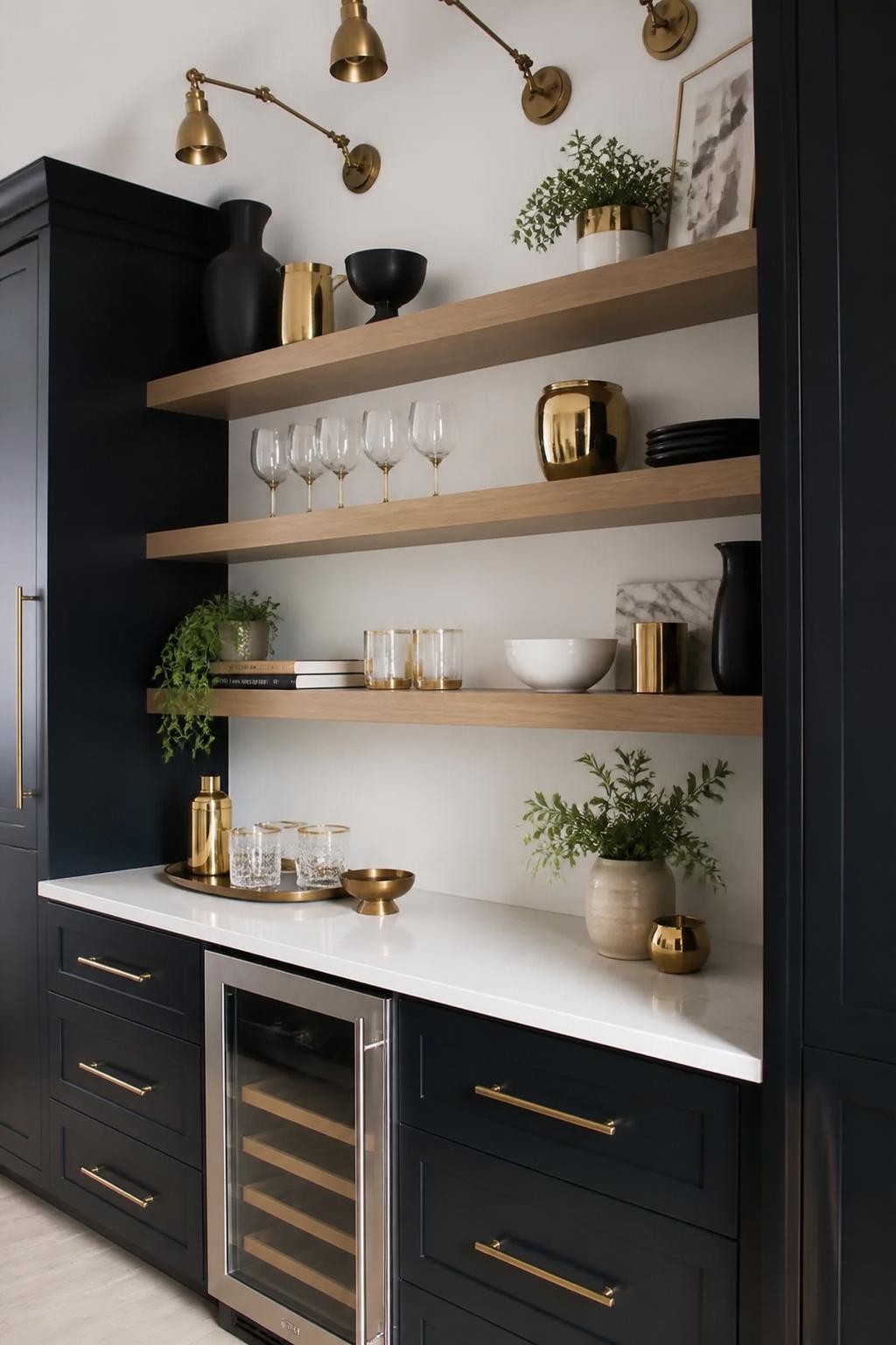 A sophisticated kitchen bar accented by light oak floating shelves layered above a sleek white countertop with deep navy cabinetry below.