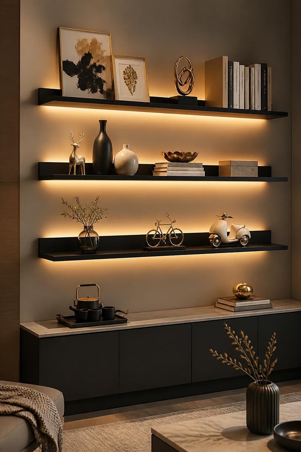 Highlight a glamorous modern living room vignette with jet-black floating shelves seamlessly backlit with warm white LEDs.