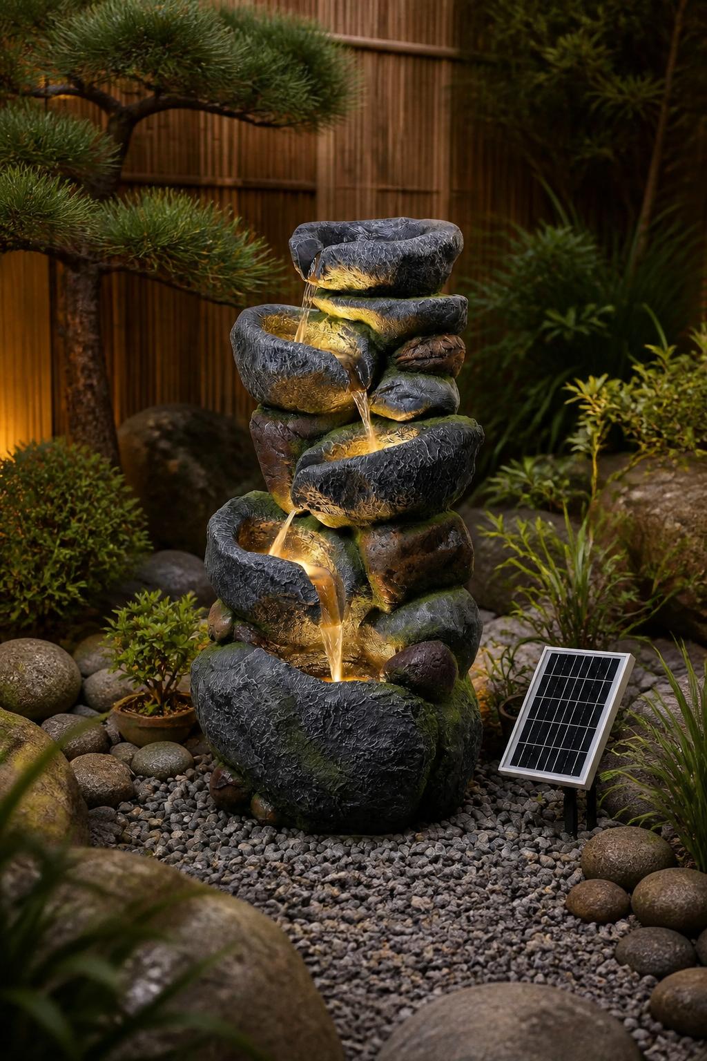 Use the uploaded tall 5-tier rock fountain exactly as the reference product, preserving its stacked, rounded rock design with mossy green hi.