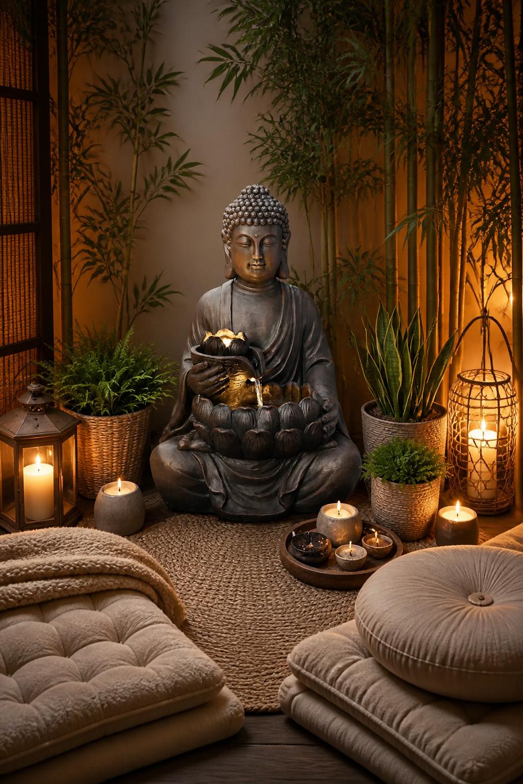 Use the uploaded G-LEAF Buddha Water Fountain exactly as the reference product, maintaining its serene seated Buddha figure, golden lotus ba.