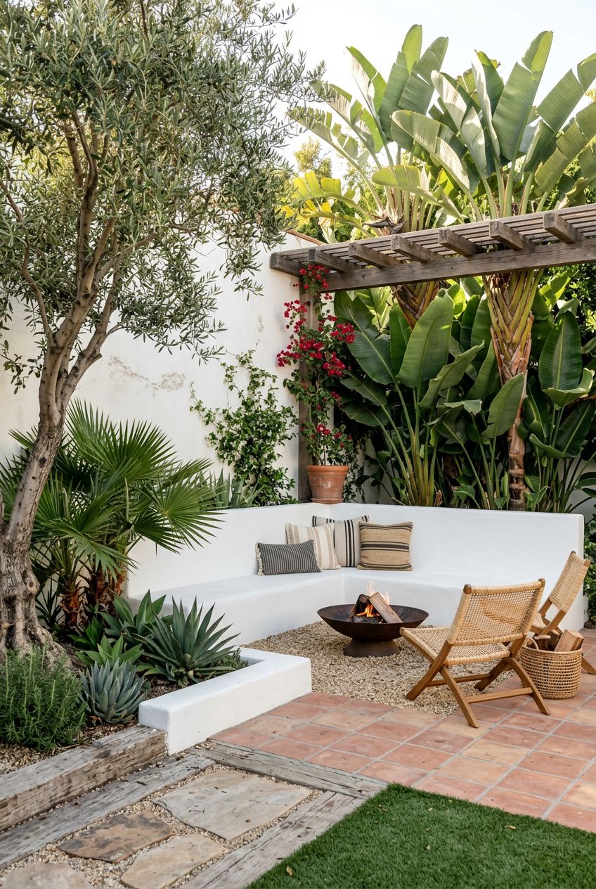 A charming Mediterranean-inspired fire pit corner uses crisp white built-in bench seating, contrasting beautifully with lush banana palms an.