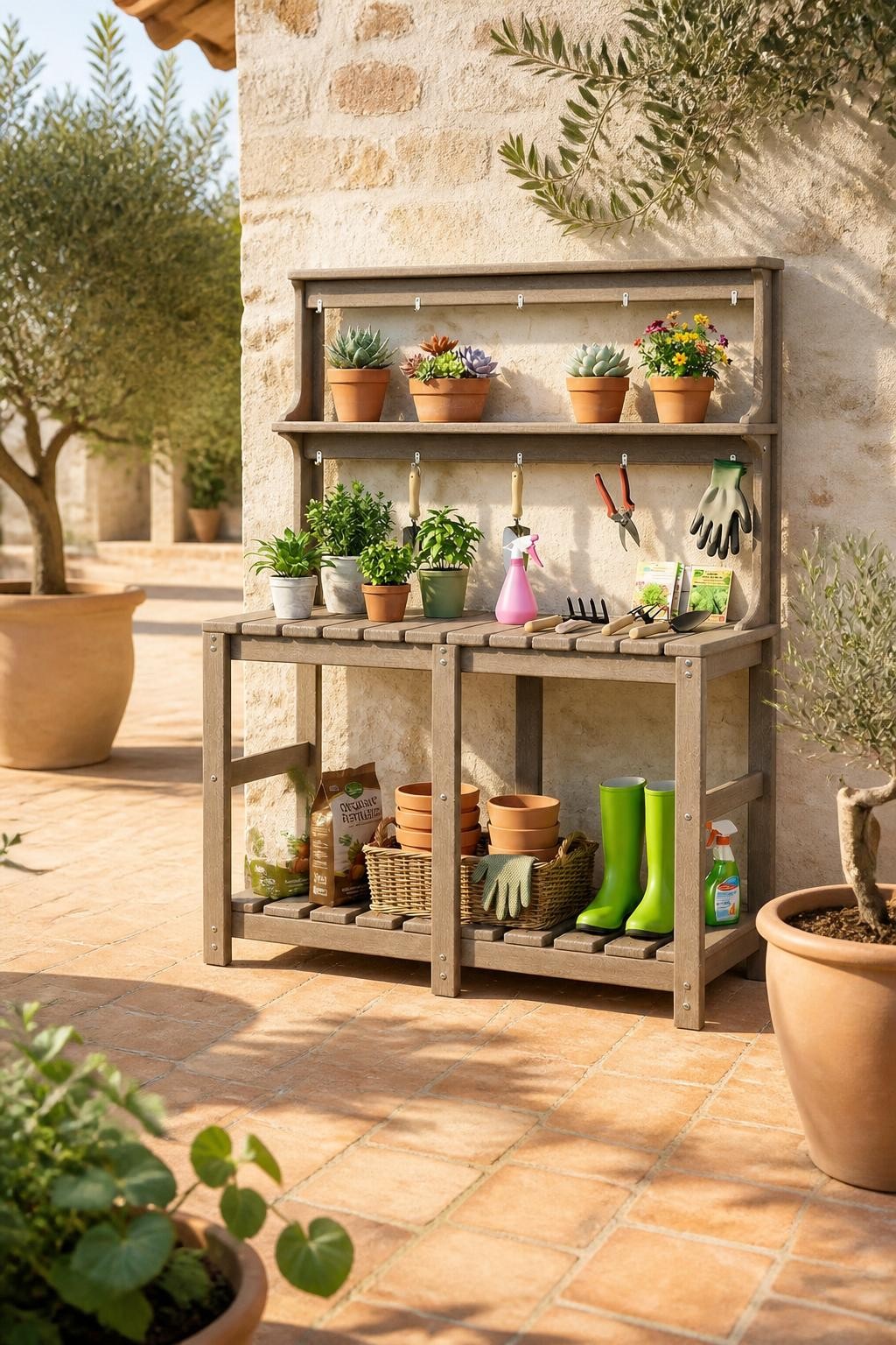 Use the uploaded Polyhouz Outdoor Potting Bench with 3 Tier exactly as the reference product, preserving its multi-level wooden shelving, ha.