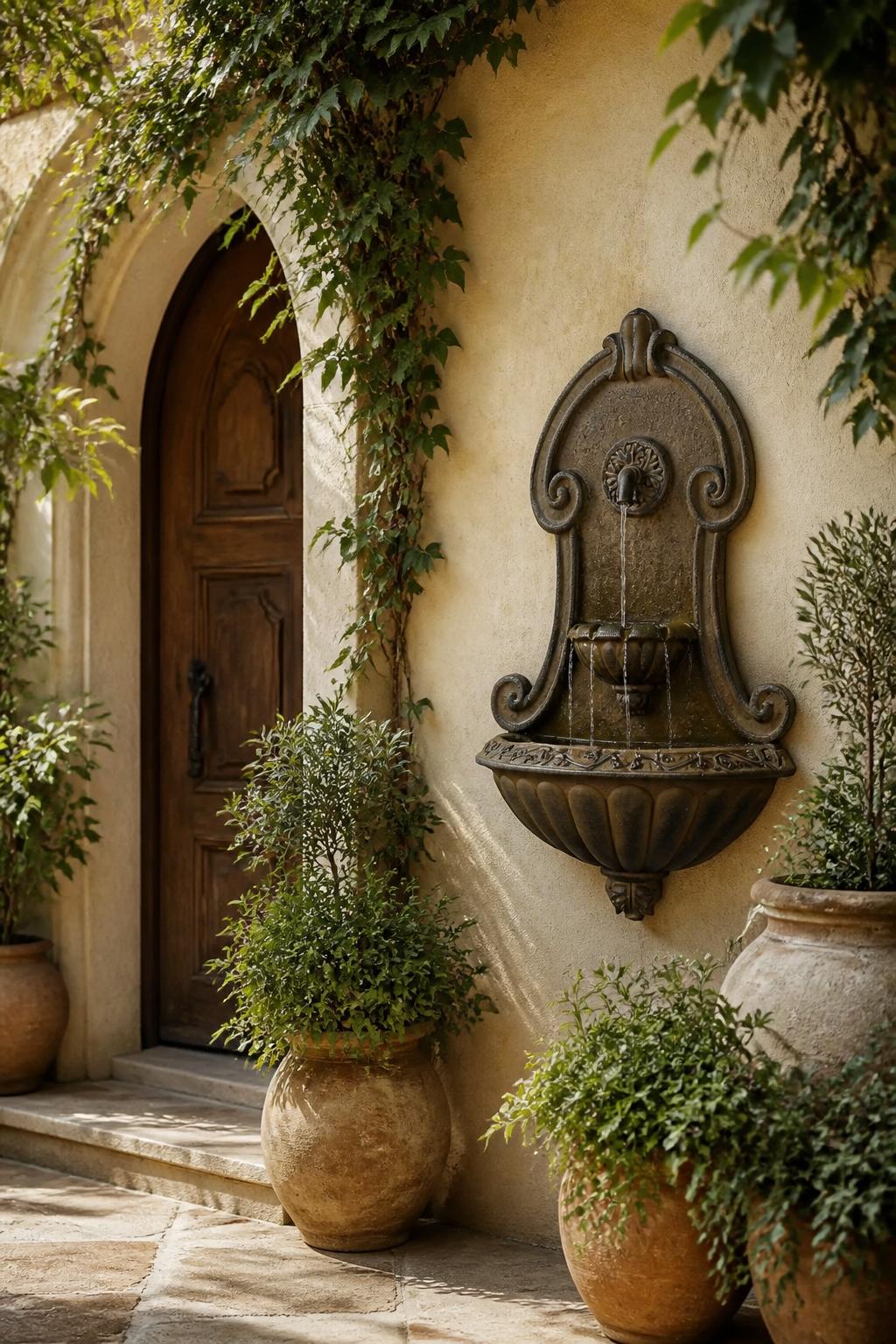 Use the uploaded Jeco Muro Elegante Wall Fountain exactly as the reference product, preserving the ornate scrollwork sides, vintage bronze f.