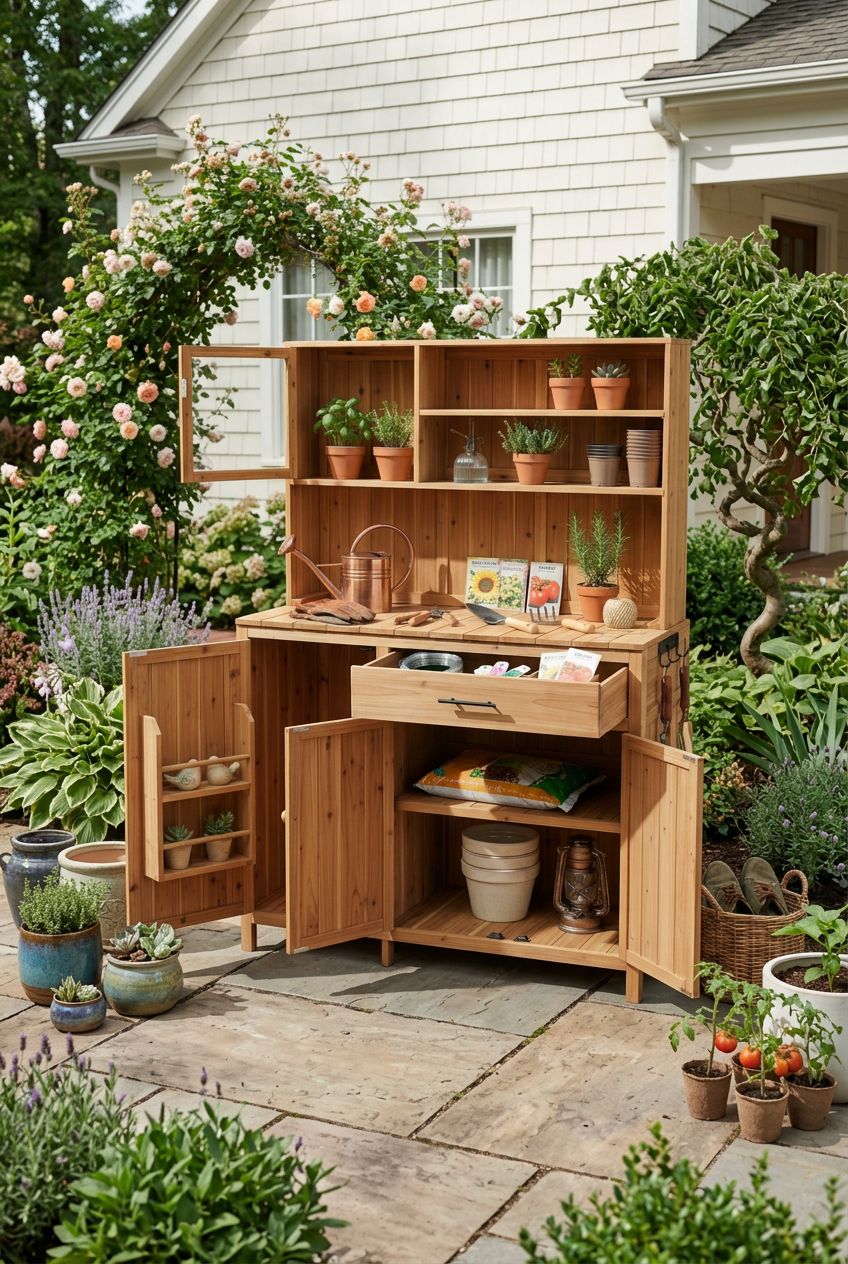 Use the uploaded Merax Outdoor Garden Potting Bench with Hutch exactly as the reference product, preserving the medium-toned natural wood, d.