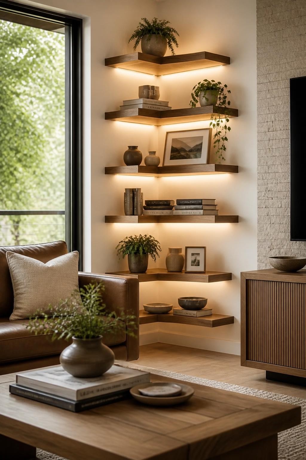 Show a mid-century inspired living room corner featuring layered wood floating corner shelves, each elegantly uplit with warm white LEDs.