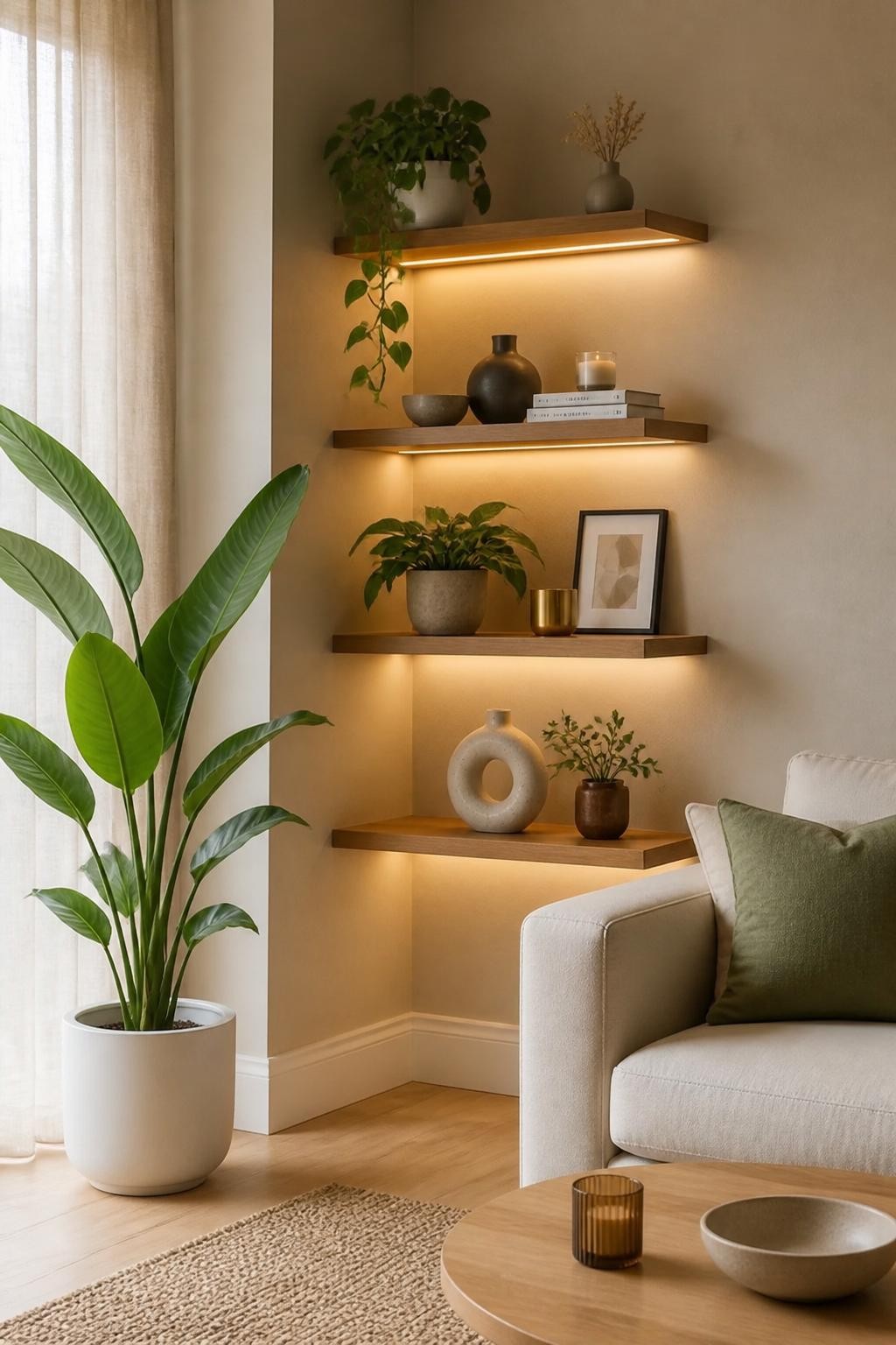 A minimal modern living room corner showcasing wooden floating shelves with under-shelf lighting, artfully arranged with geometric vases, tr.