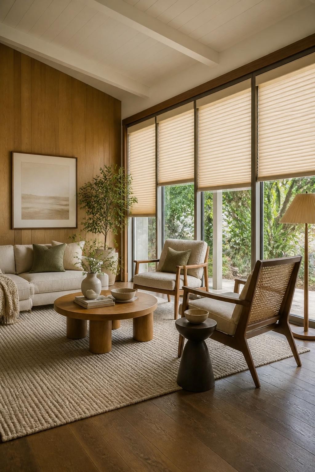 This cozy, mid-century-inspired living room features sweeping full-height windows covered in soft cream honeycomb shades.