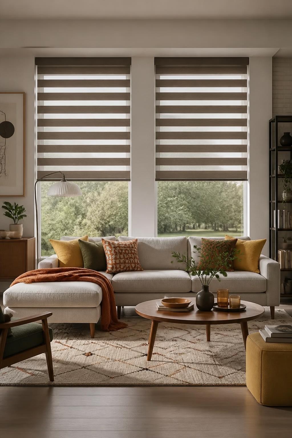 A mid-century modern living room featuring expansive windows fitted with taupe zebra blinds for a sharp, graphic effect.