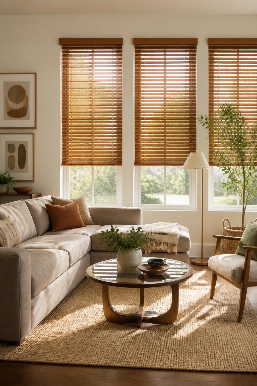 A mid-century modern living area is enhanced by three large windows with honey-tone wooden blinds, casting soft, golden light over the space.