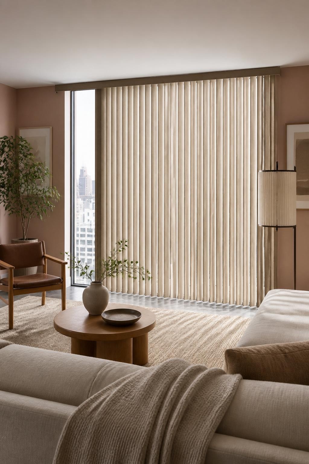 A sophisticated mid-century modern living space featuring tall floor-to-ceiling windows adorned with neutral vertical blinds.