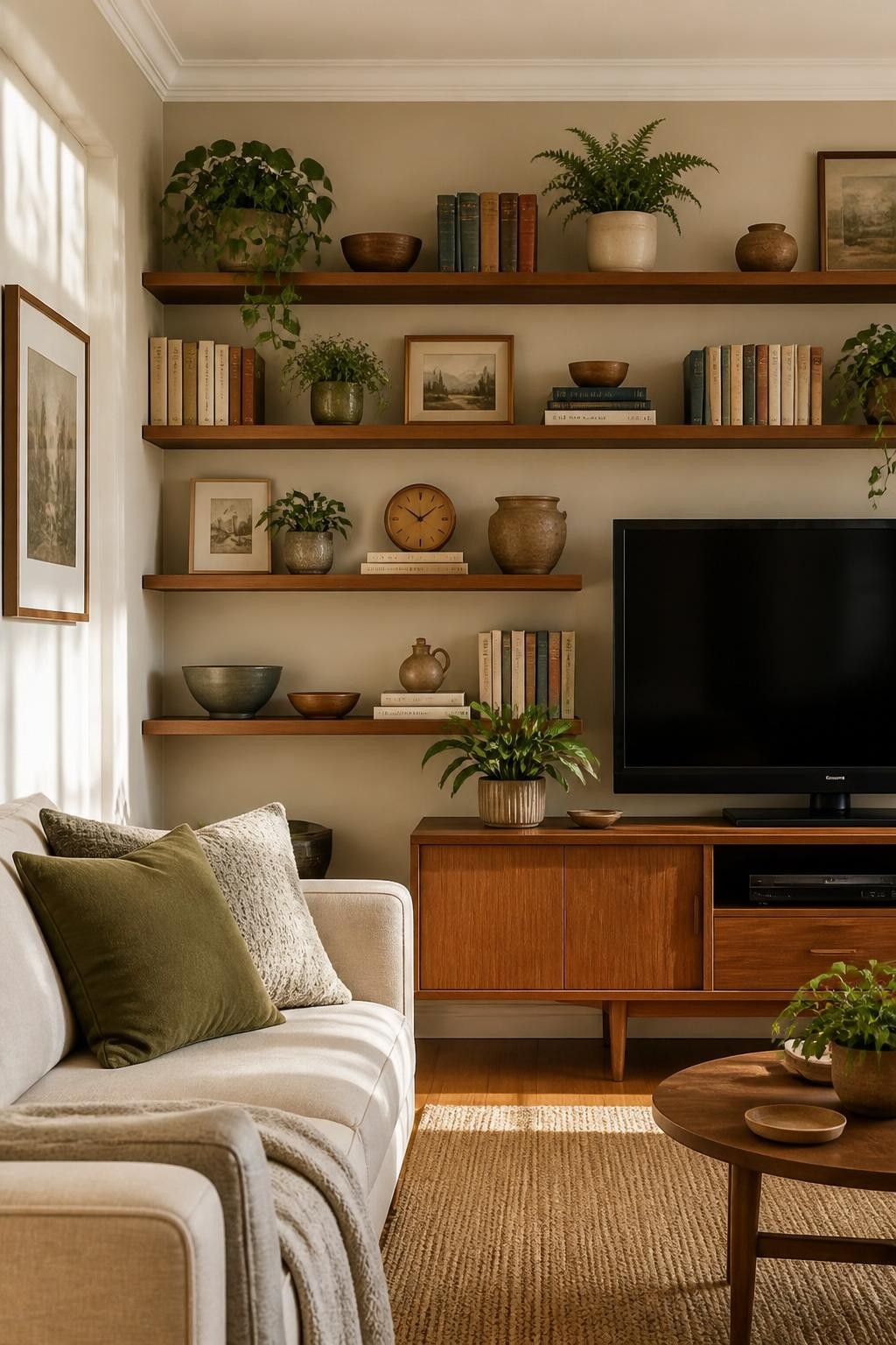 A cozy midcentury-inspired living space with floating wood shelves positioned around a flatscreen TV.
