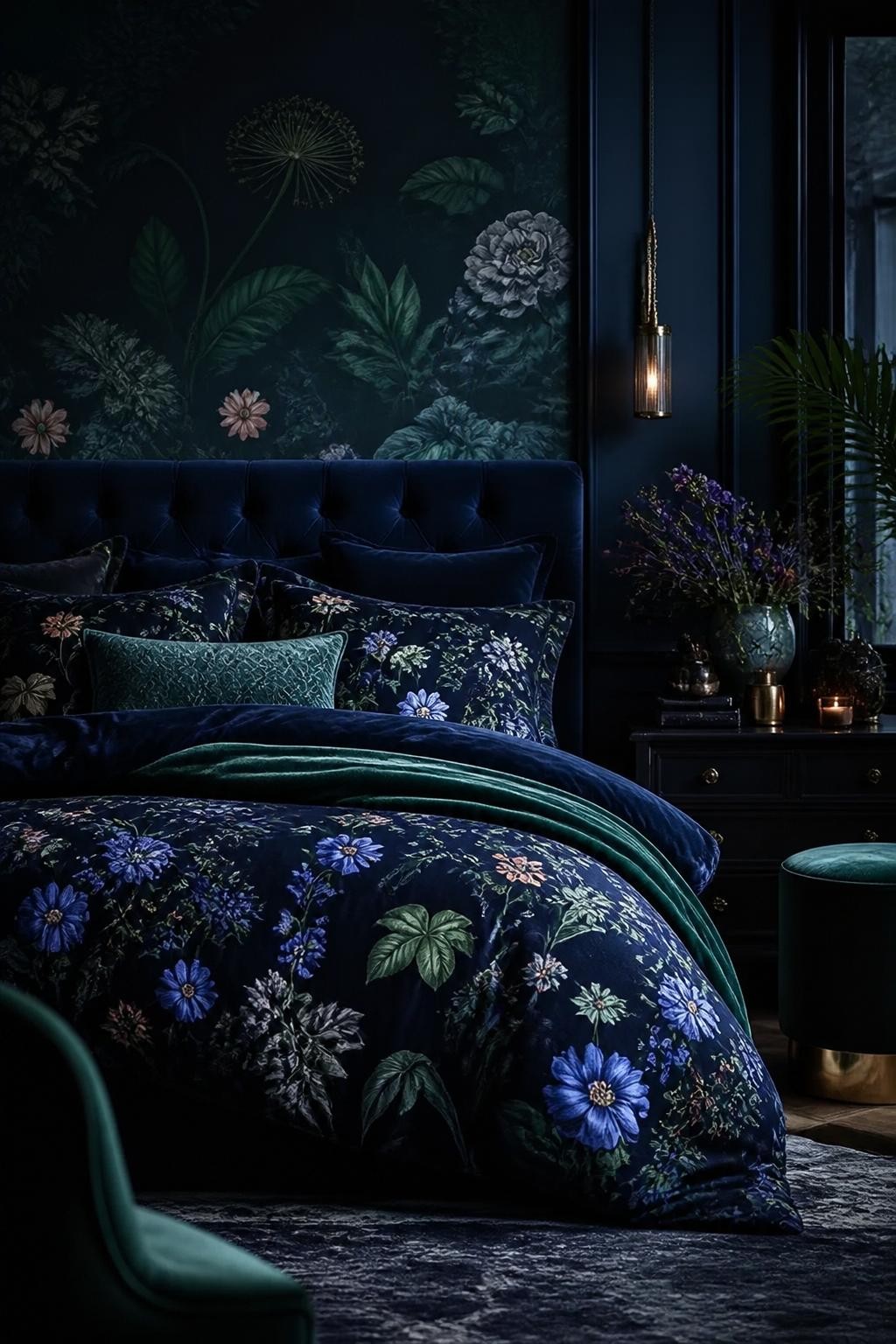 An opulent midnight blue bedroom wrapped in dark botanical wallpaper with intricate coastal and jungle flowers in shades of blue, green, and.