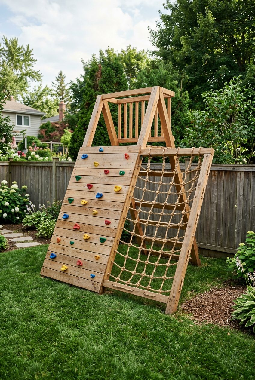 Present a backyard play area with an A-frame wooden climbing wall as the centerpiece, crafted from smooth timber and dotted with colorful ha.