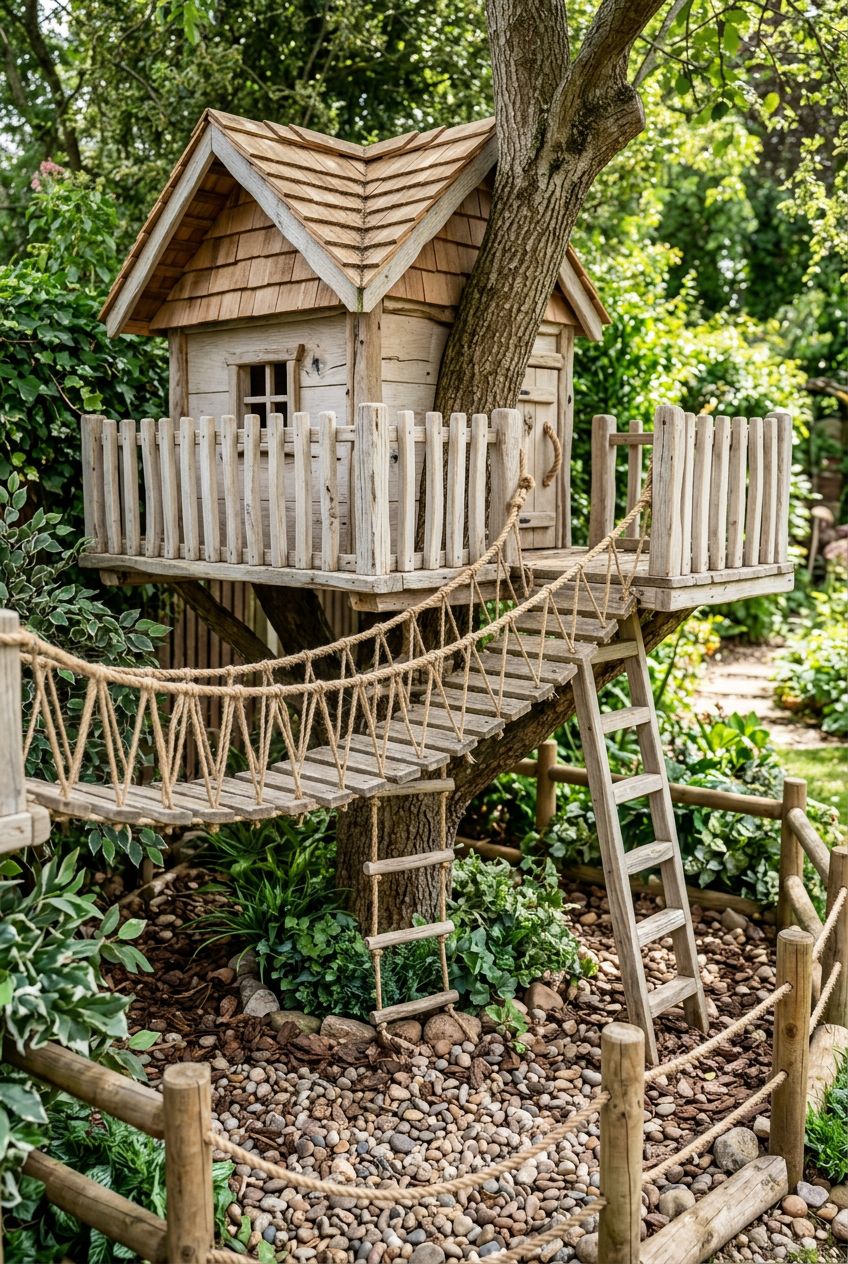 A mini adventure corner in the backyard centers on a rustic handmade wooden treehouse with a sloped roof, rope bridge, and pale wooden slat.