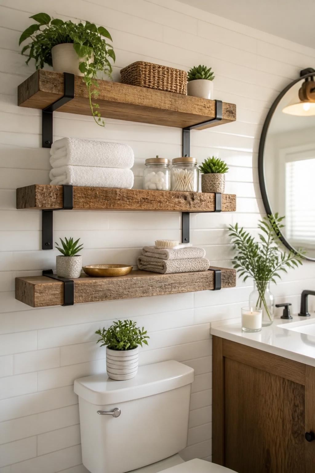 A minimalist bathroom scene showcases three rustic floating shelves, each made of thick butcher-block-style wood planks with visible grain a.