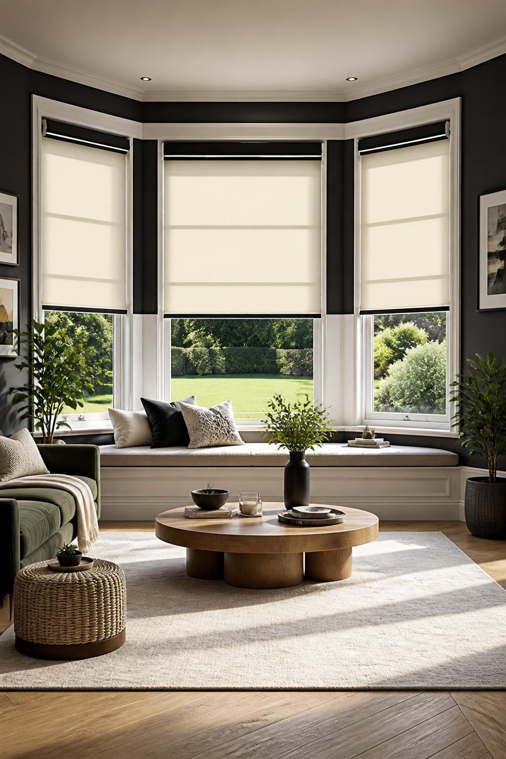 A chic modern bay window arrangement featuring sleek roll-up shades in a light beige tone, contrasted by deep charcoal-gray accent walls.