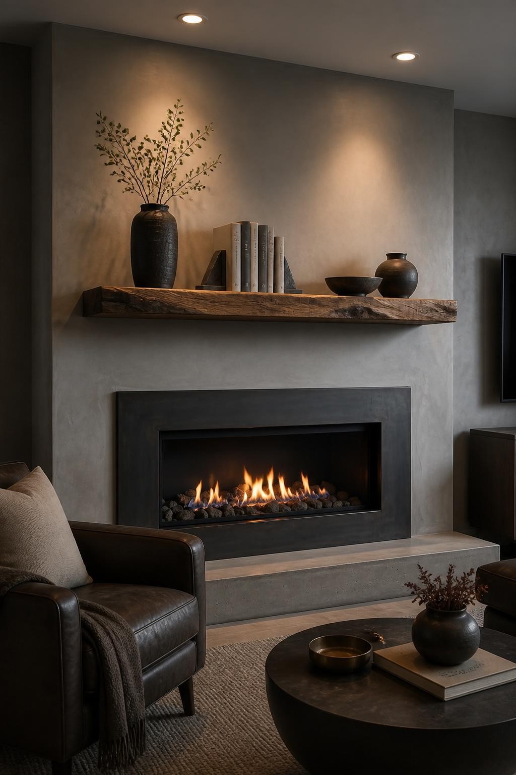 A minimalist fireplace with a smooth concrete wall finish, metallic-framed gas insert, and a live-edge wood floating shelf as the centerpiec.