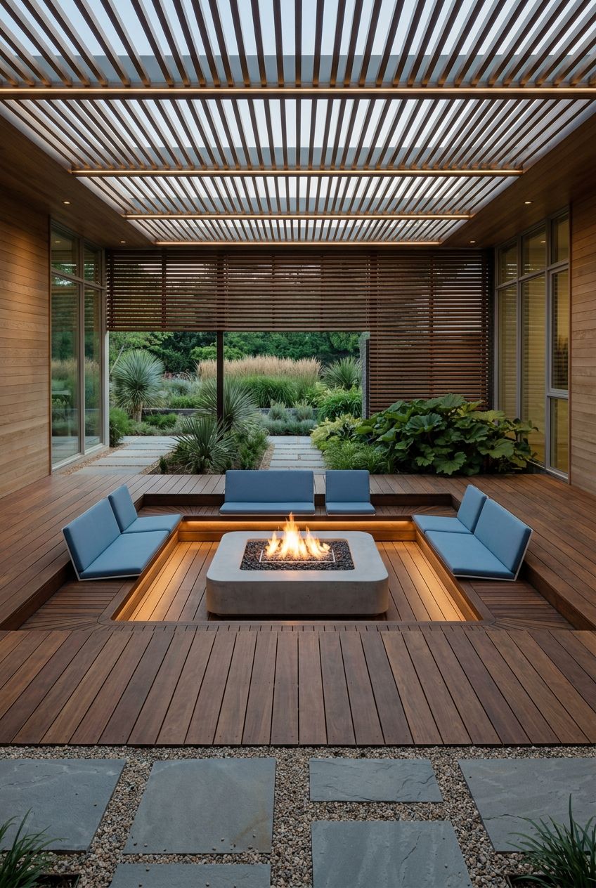 Present a sleek, minimalist sunken fire pit in a modern outdoor lounge, with rectangular geometry defining the space.