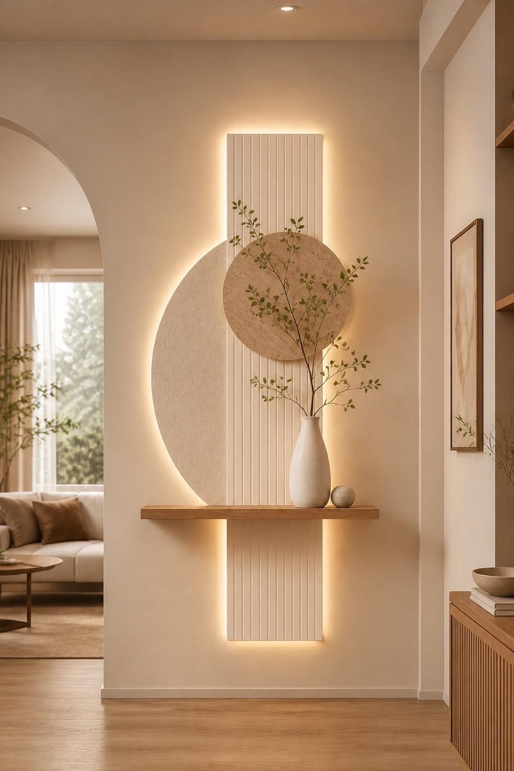 Highlight a serene entryway wall with an oversized minimalist panel featuring intersecting geometric forms and subtle textures.