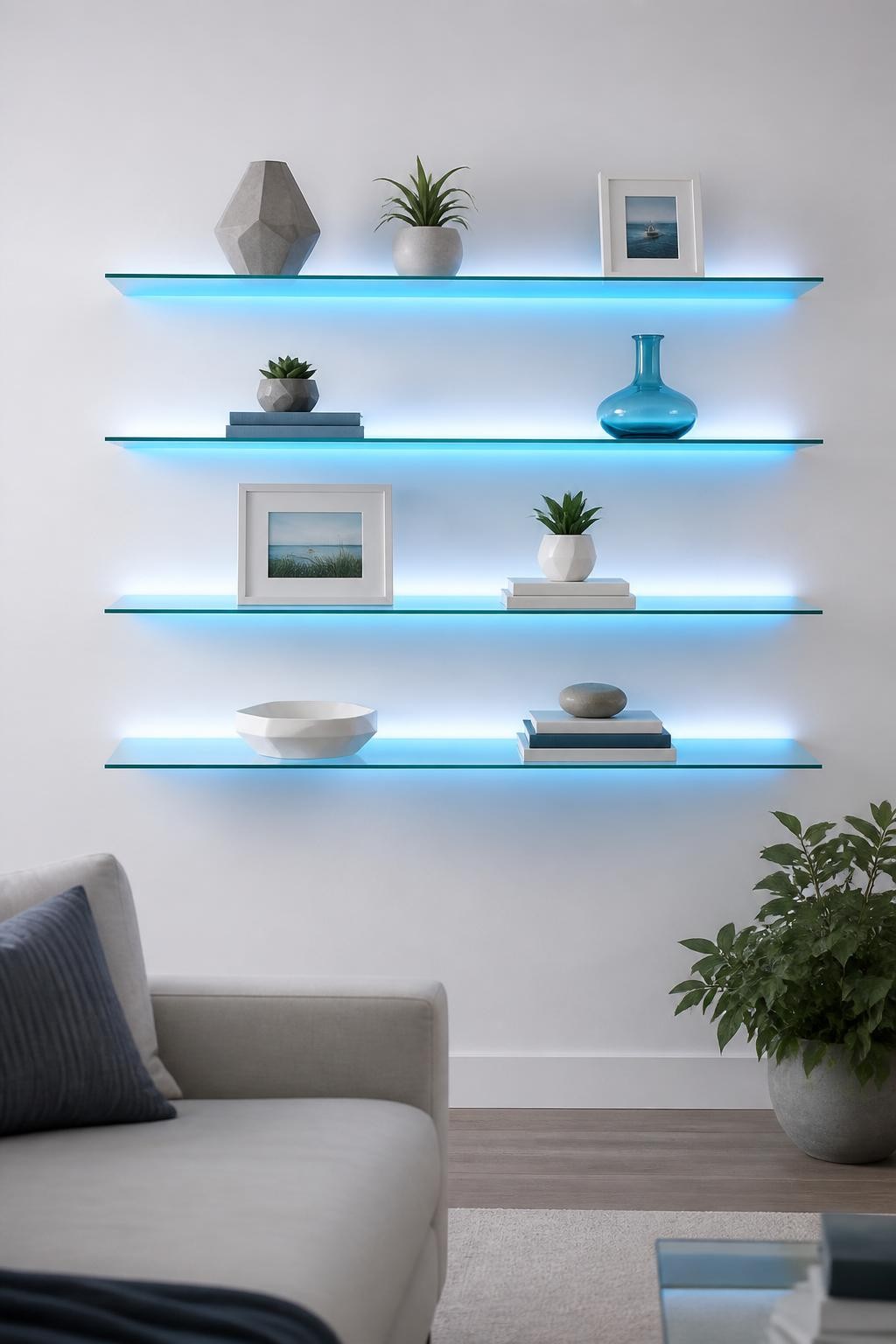 Feature a minimalist wall of four crystal-clear floating glass shelves with striking blue LED under-lighting, set against a pristine white w.