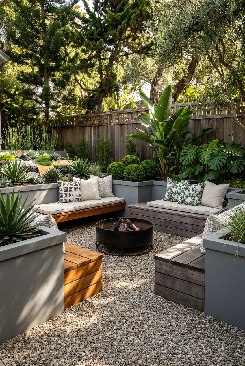 A minimalist pea gravel fire pit area showcases a round black steel fire pit, centrally placed between modern wooden bench seating.