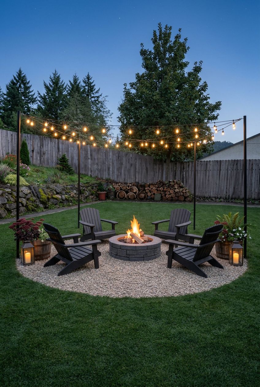 A minimalist fire pit zone defined by a perfect circle of pale gravel set into emerald turf, with a low masonry fire pit at its core.