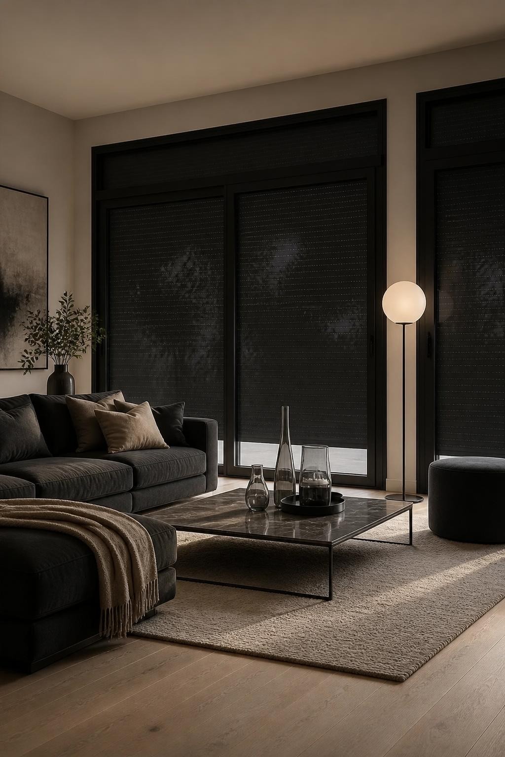 A striking minimalist living room with expansive black-framed glass doors and windows fitted with sleek, modern blackout roller blinds.