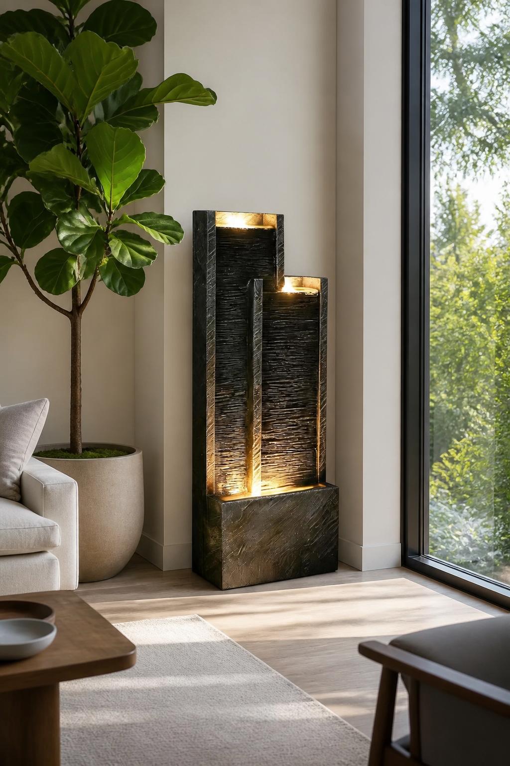 Use the uploaded Bumilgar Modern Tiered Waterfall Fountain with Lights exactly as the reference product, showcasing its multi-level geometri.