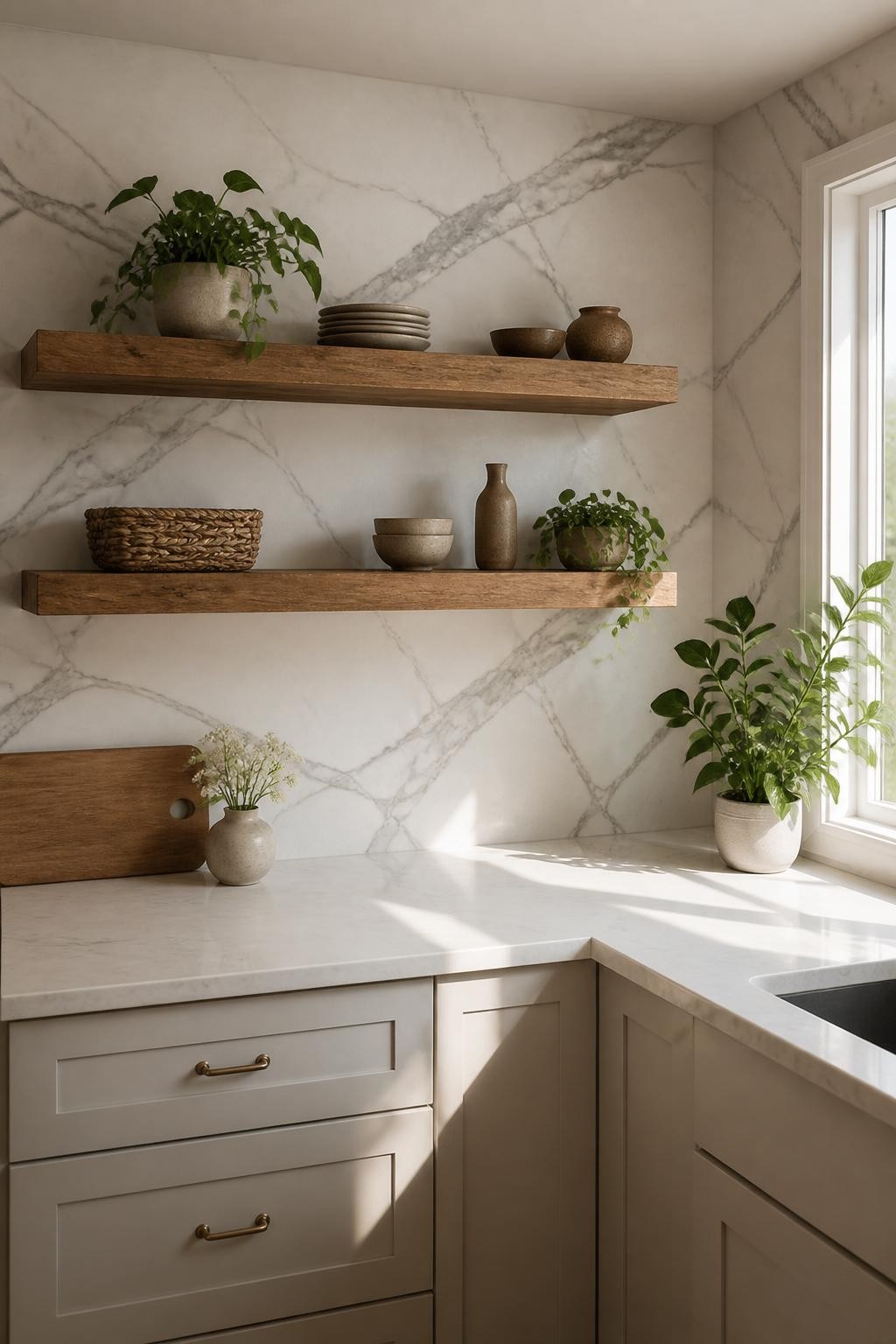 Minimalist kitchen shelving with thick raw wood floating shelves set against a dramatic white marble backsplash with bold veining.