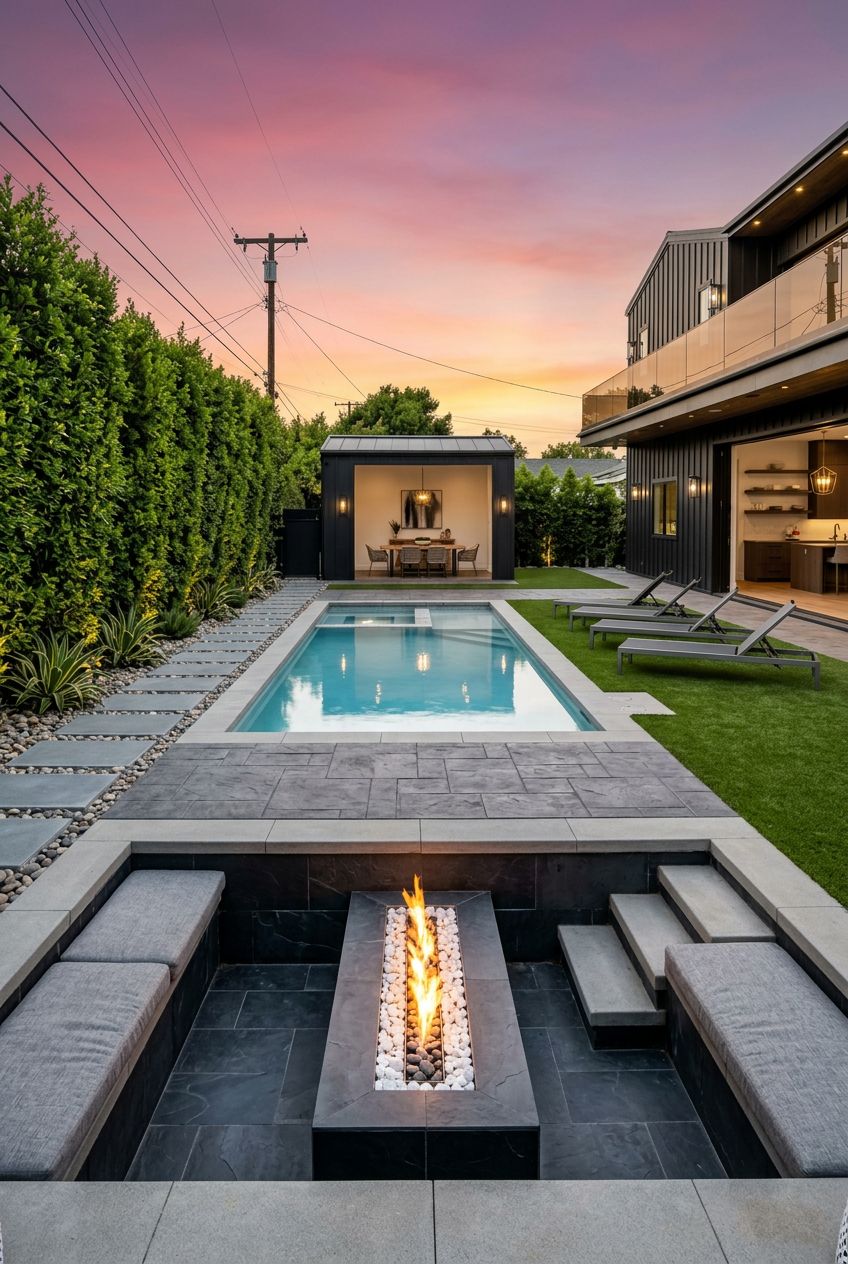 Present a minimalist backyard designed with clean lines and a modern geometric pool.