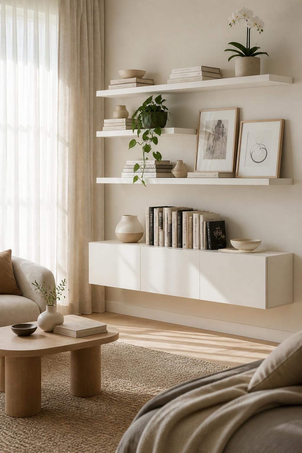 Scandinavian-inspired living room centered on three floating white shelves, neatly arranged with a curated selection of art books, chic mono.