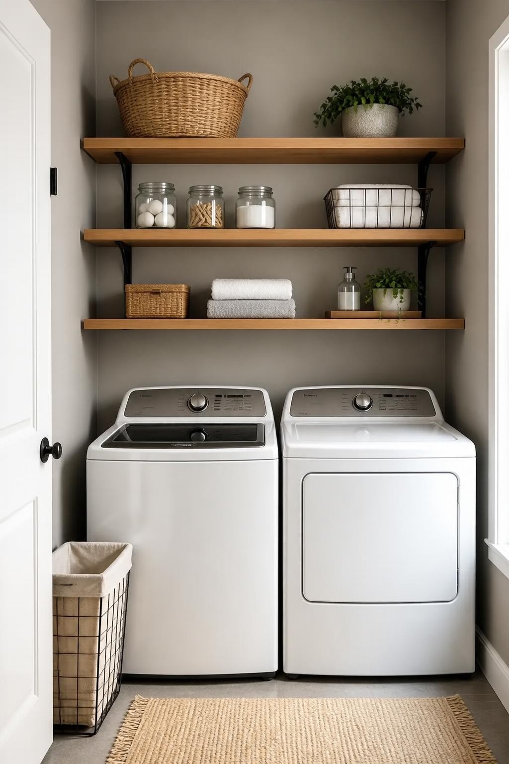 A minimalist laundry nook with warm wooden floating shelves spanning above white appliances, set against dove gray walls.