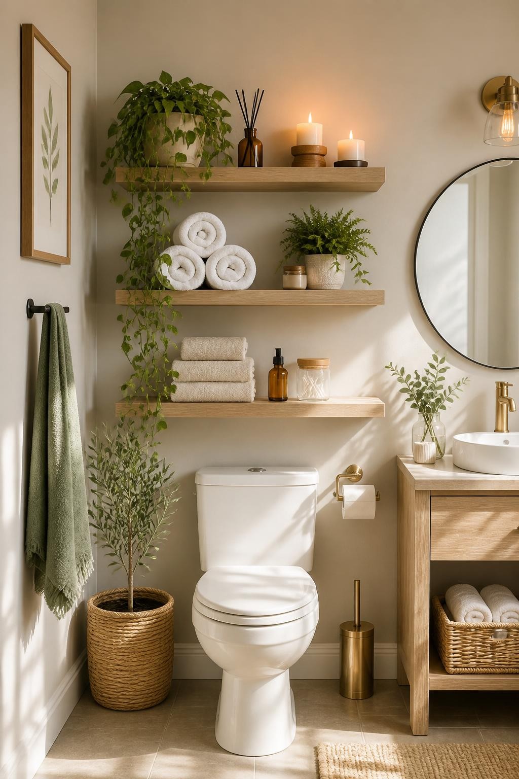 Minimalist style defines this over-the-toilet shelving setup, where wide, light wood floating shelves span horizontally above crisp white fi.