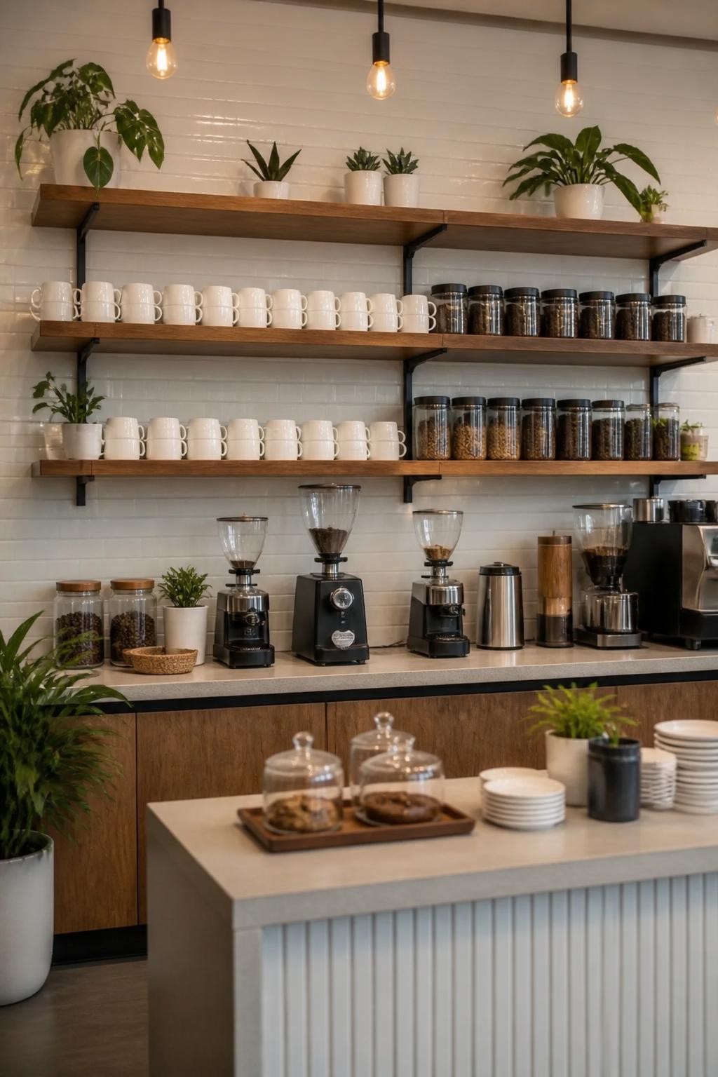 Designed with a minimalist, professional café aesthetic, this coffee bar features extra-wide floating shelves supported by industrial black.