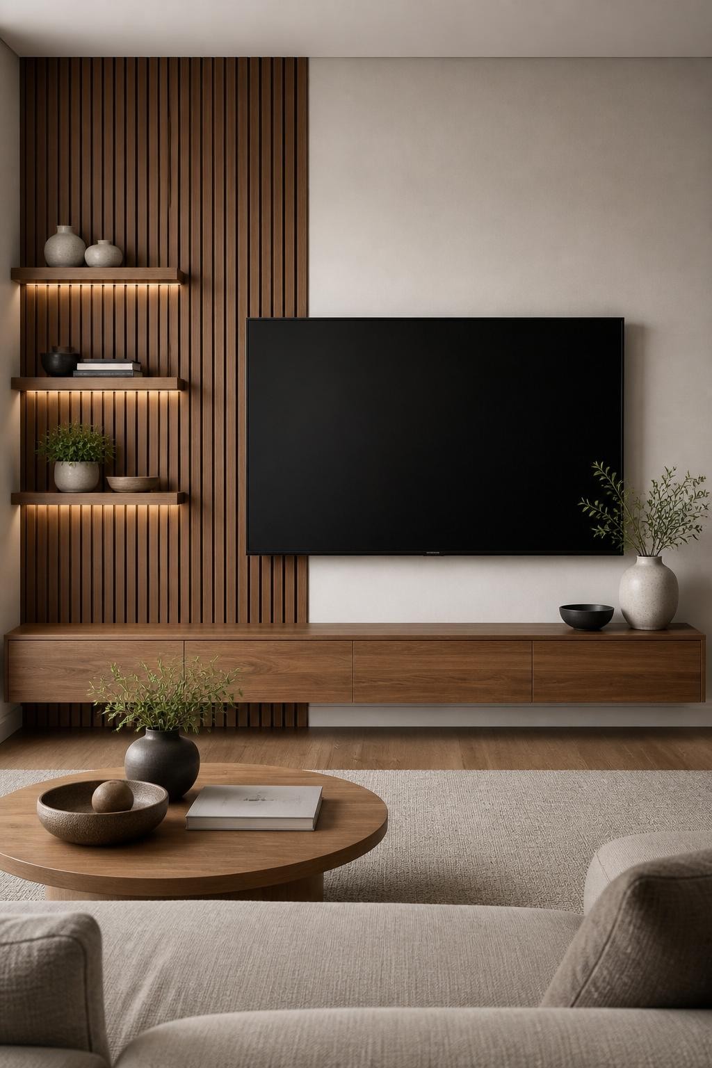 Capture a minimalist modern living room anchored by a slatted wood accent wall with three simple floating shelves beside a large flat screen.