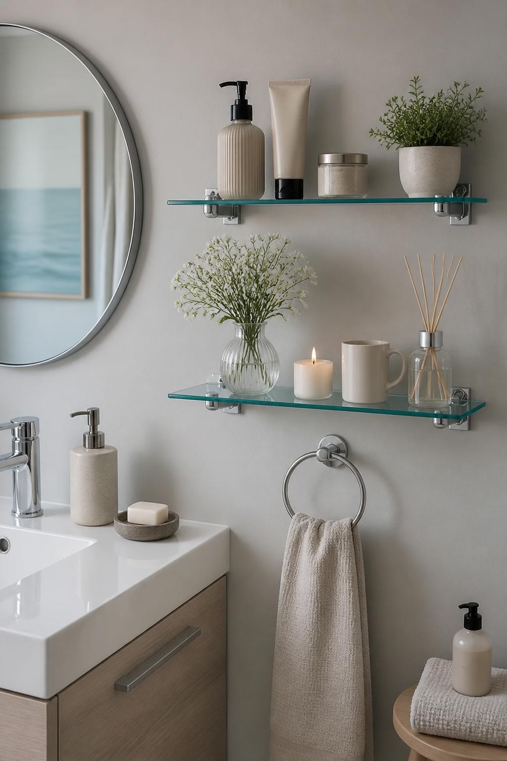 A minimalist vanity scene showcasing dual floating glass shelves anchored to a soft gray wall, neatly arranged with luxury bath products in.