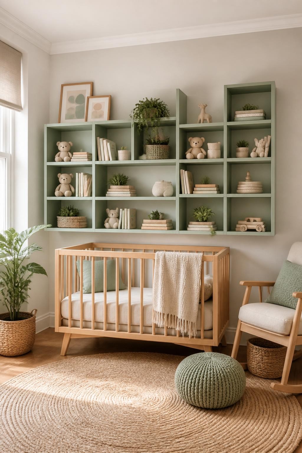 A striking modern nursery design with a grid of mint green floating cubby shelves, creating an eye-catching feature wall above a natural woo.