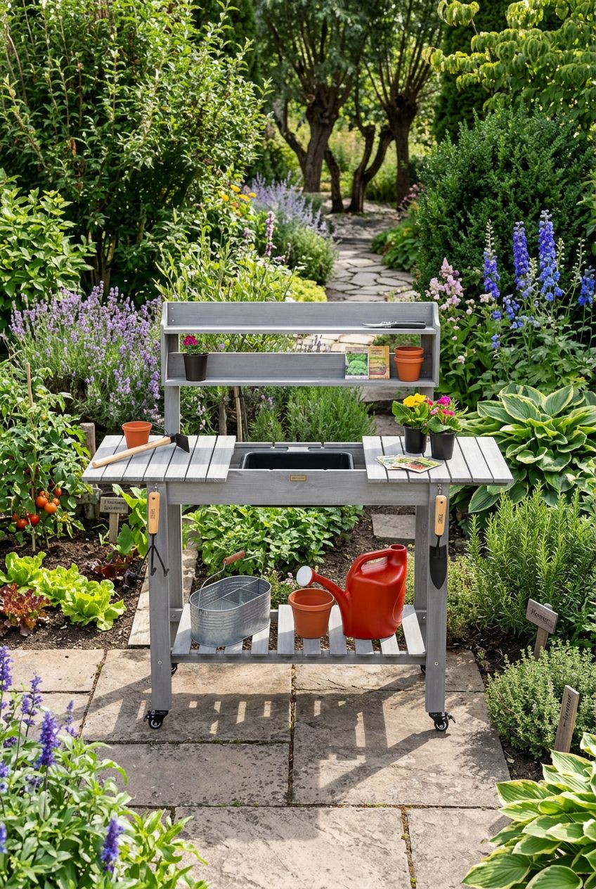 Use the uploaded Best Choice Products Mobile Garden Potting Bench exactly as the reference product, highlighting its light grey wood finish.