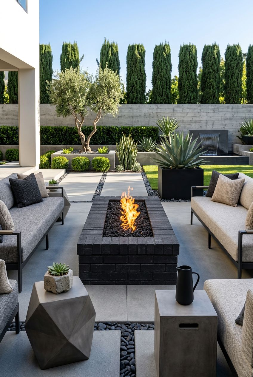 Present a striking, modern outdoor space with a charcoal-black brick fire pit as the dramatic focal point.