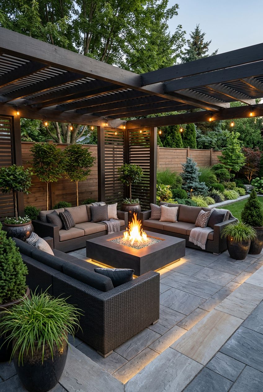 Showcase a modern backyard oasis under a sleek, dark pergola, with contemporary design elements and a square fire pit as the dramatic focal.