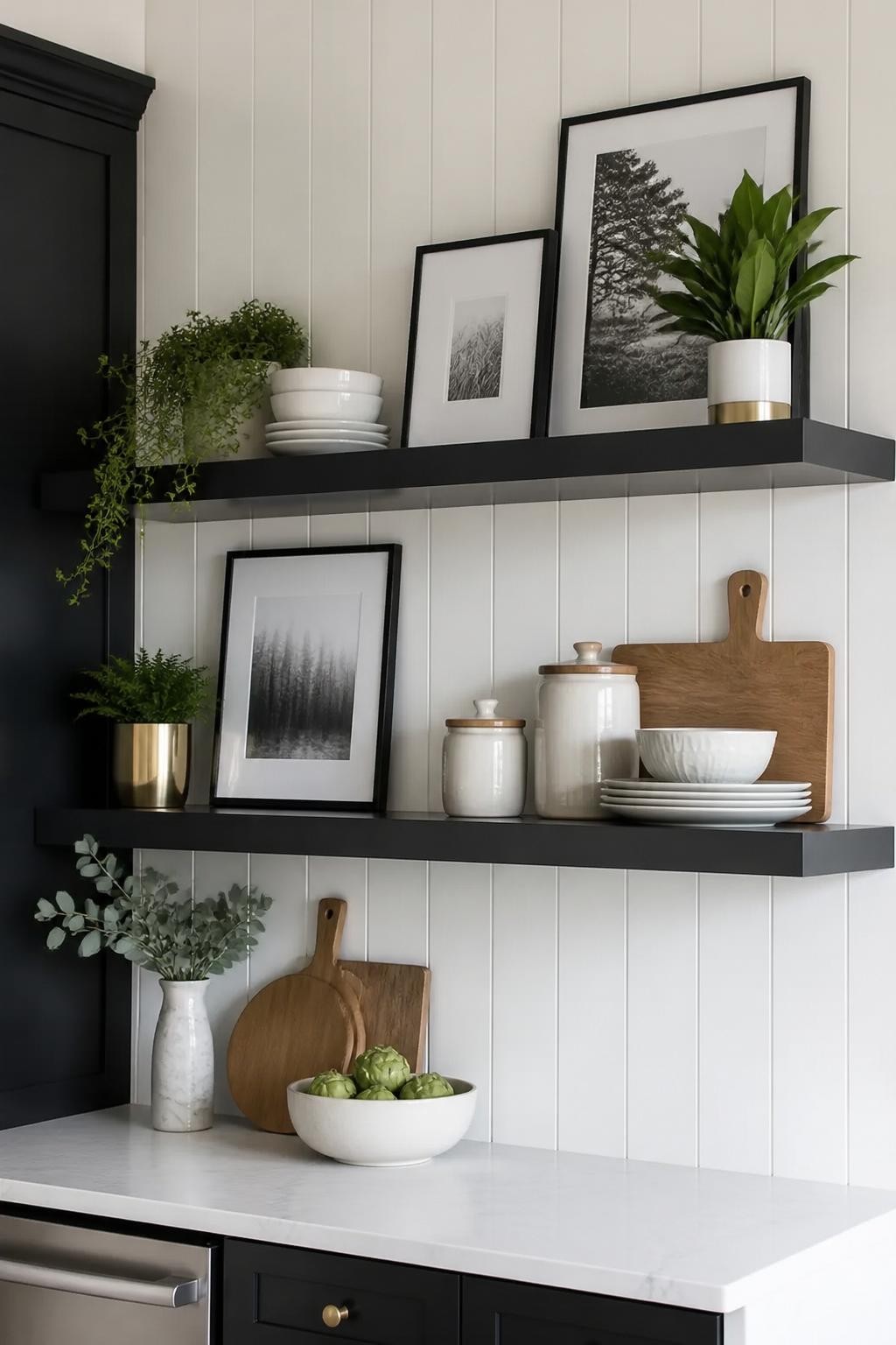 This sleek, modern vignette features black floating shelves on vertical shiplap paneling, styled with monochromatic ceramics, framed black-a.