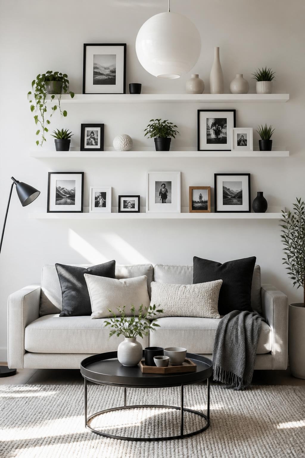 Clean-lined monochrome living room, where three white floating shelves are arranged above a compact gray sofa.