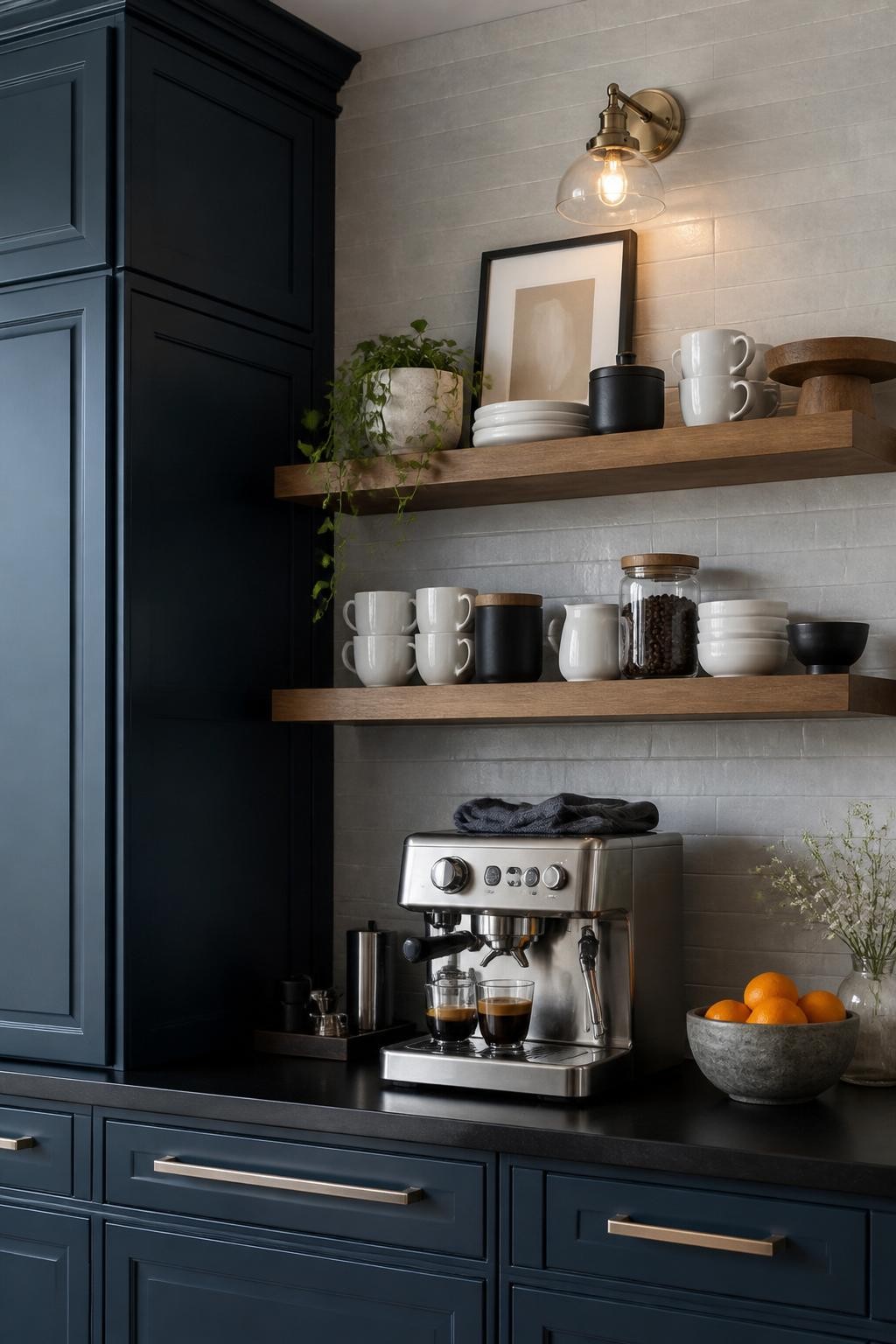 Deep blue cabinetry sets a dramatic stage for this modern kitchen coffee bar, contrasting with soft gray brick tile and chunky wood floating.