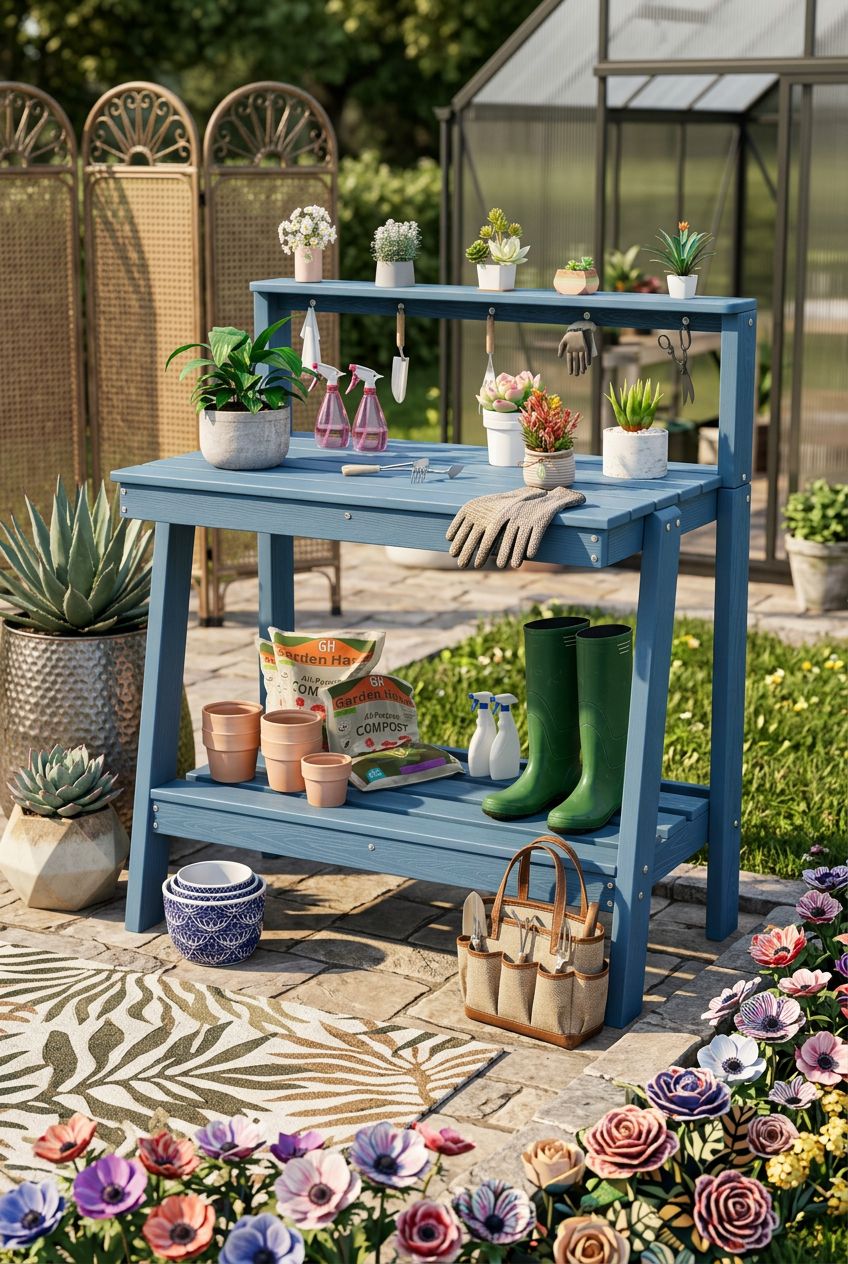 Use the uploaded SERWALL Potting Bench Outdoor with Storage exactly as the reference product, preserving its vibrant blue color, slatted she.